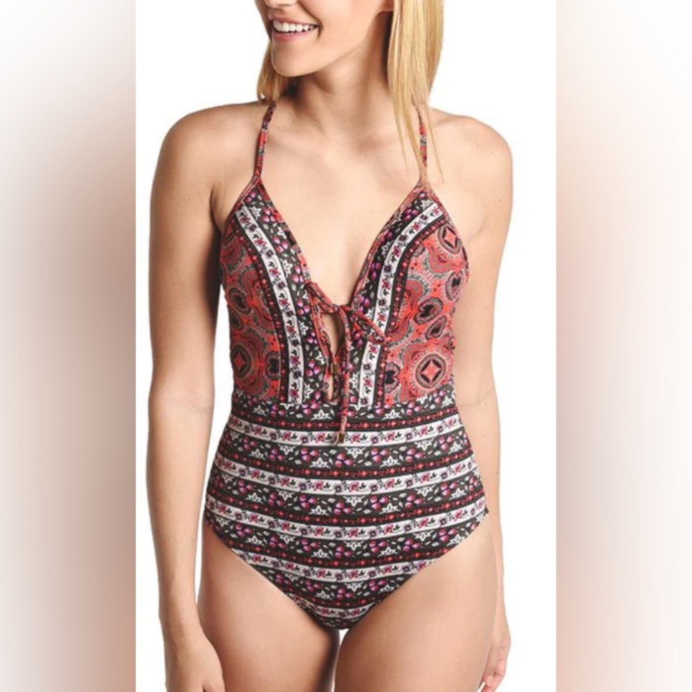 JETS AUSTRALIA PLUNGE V-NECK ONE PIECE SWIMSUIT. SIZE 12